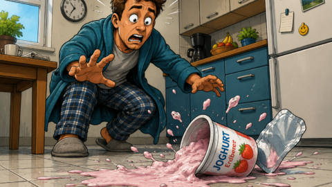 Mir ist heute Morgen mein Joghurt runtergefallen. Der war nicht mehr haltbar.