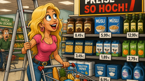 Warum nimmt die Blondine eine Leiter mit in den Supermarkt
