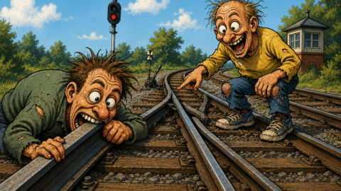 Zwei Bekloppte beissen in Eisenbahnschienen