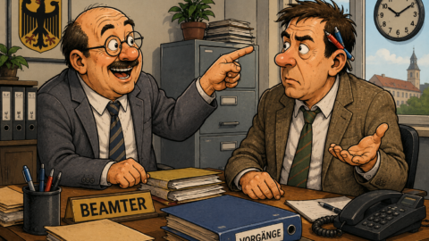 Im Büro sitzen sich zwei Beamte gegenüber