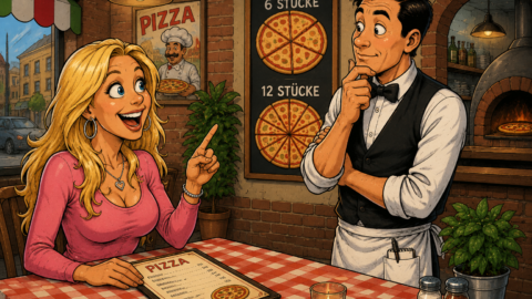 Eine Blondine bestellt eine Pizza
