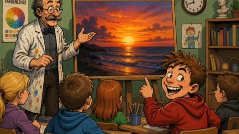 Der Kunstlehrer zeigt ein Bild und fragt die Schüler