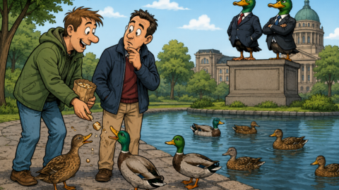 Zwei Passanten füttern Enten. Sagt der eine: „Enten sind wie Politiker.“ „Wieso?“ fragt der andere. Antwort: „Solange sie unten sind, fressen sie einem aus der Hand. Aber sobald sie oben sind, bescheißen sie uns!“