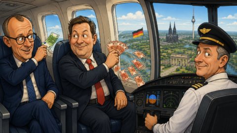 Merz und Klingbeil sitzen im Flugzeug.