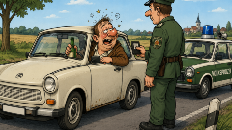 Ein Volkspolizist stoppt einen Trabi