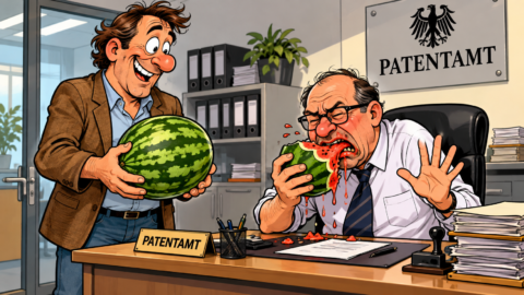 Ein Herr kommt mit einer Wassermelone aufs Patentamt