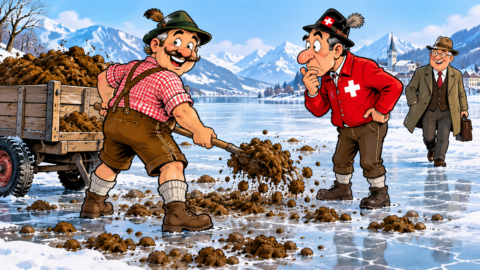 Ein Österreicher streut im Winter Mist