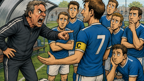 Der Trainer wütend zur Mannschaft