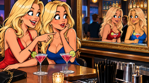 Zwei Blondinen in der Bar vor einem Spiegel