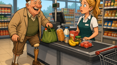 Ein Rentner steht an der Supermarktkasse