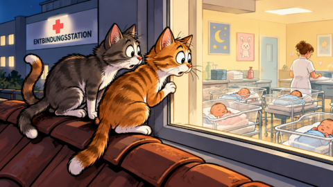 Zwei Katzen schleichen auf dem Dach