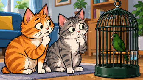 Zwei Katzen sitzen vorm Vogelkäfig