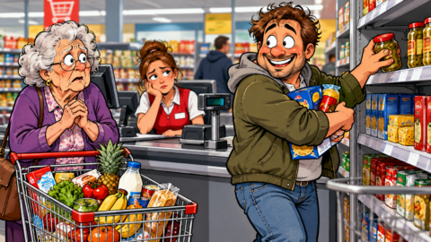 Ich habe vorhin an der Supermarktkasse