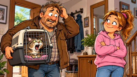 Ein Mann holt die Katze seiner Tochter