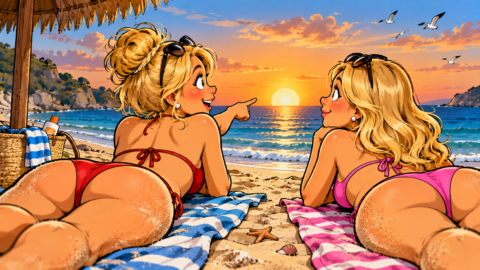 Zwei Blondinen liegen am Strand