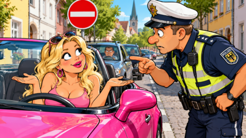 Ein Polizist hält eine Blondine an